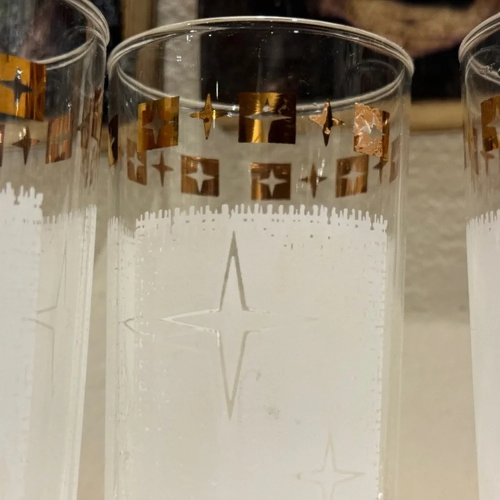 Mid‎ Century Modern White & Gold Atomic Cosmic Starburst Glass Drink Tumblers